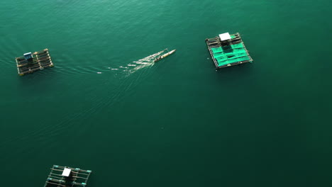 Jukung-drives-between-floating-bamboo-spiny-lobster-net-cages,-Mertak