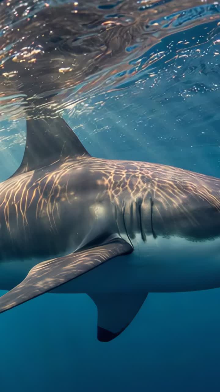 Vertical video: Gliding shark moving beneath sunlit ocean surface toward deeper water