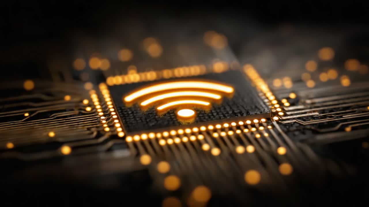Close-Up of a Microchip with a Radiating Wi-Fi Symbol Showcasing Advanced Technology in Wireless Communication and Modern Circuitry Patterns