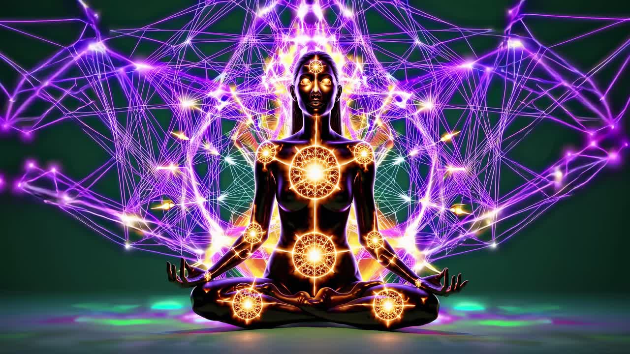 Un fermo immagine di arte digitale di una figura in meditazione con chakra luminosi, ripreso da un'angolazione frontale.