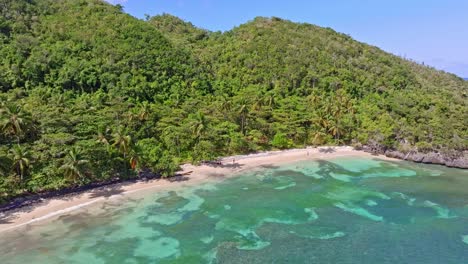 Aerial-establishing-shot-of-picturesque-beach-and-green-water-of-sea