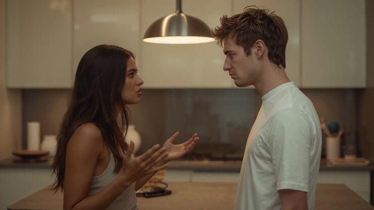 Raising hands, woman in tanktop explaining concern to man in white tee at kitchen island, pastry