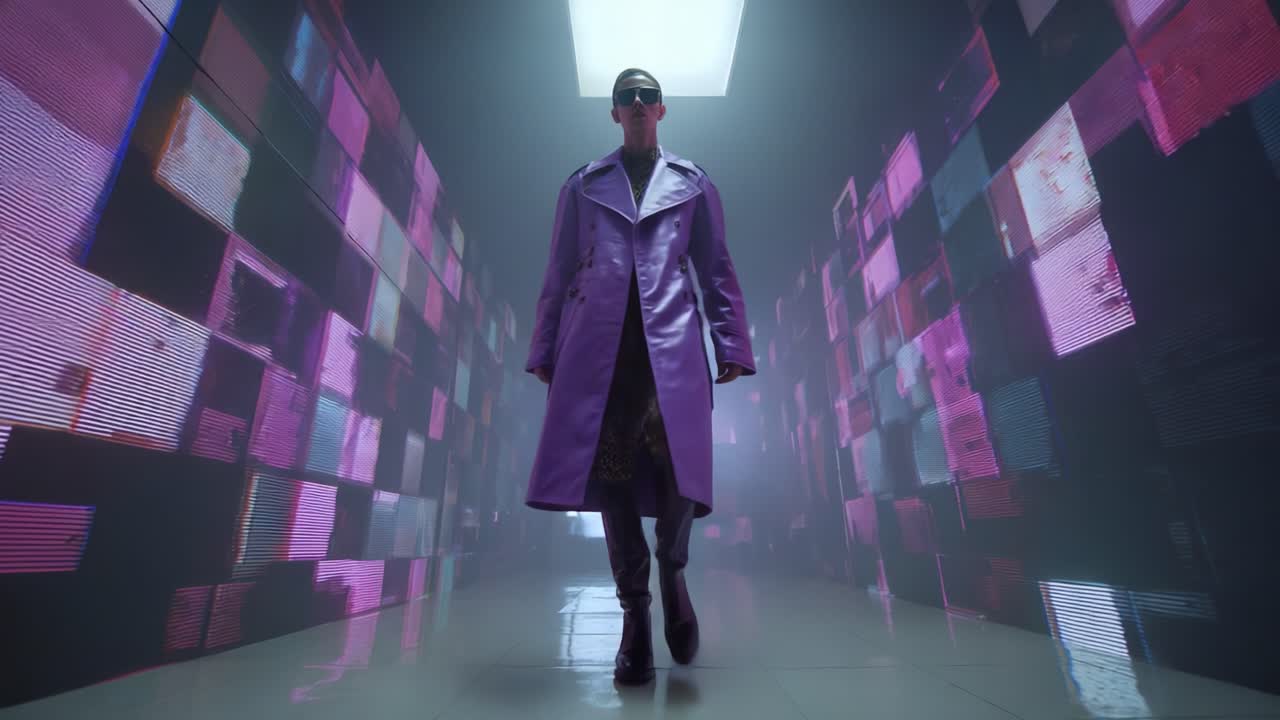 A Confident Model Walks Through a Futuristic Digital Corridor, Embracing a Sleek Fashion Statement in a Vibrant Purple Coat, Capturing the Essence of High-Tech Style in a Striking Visual Presentation