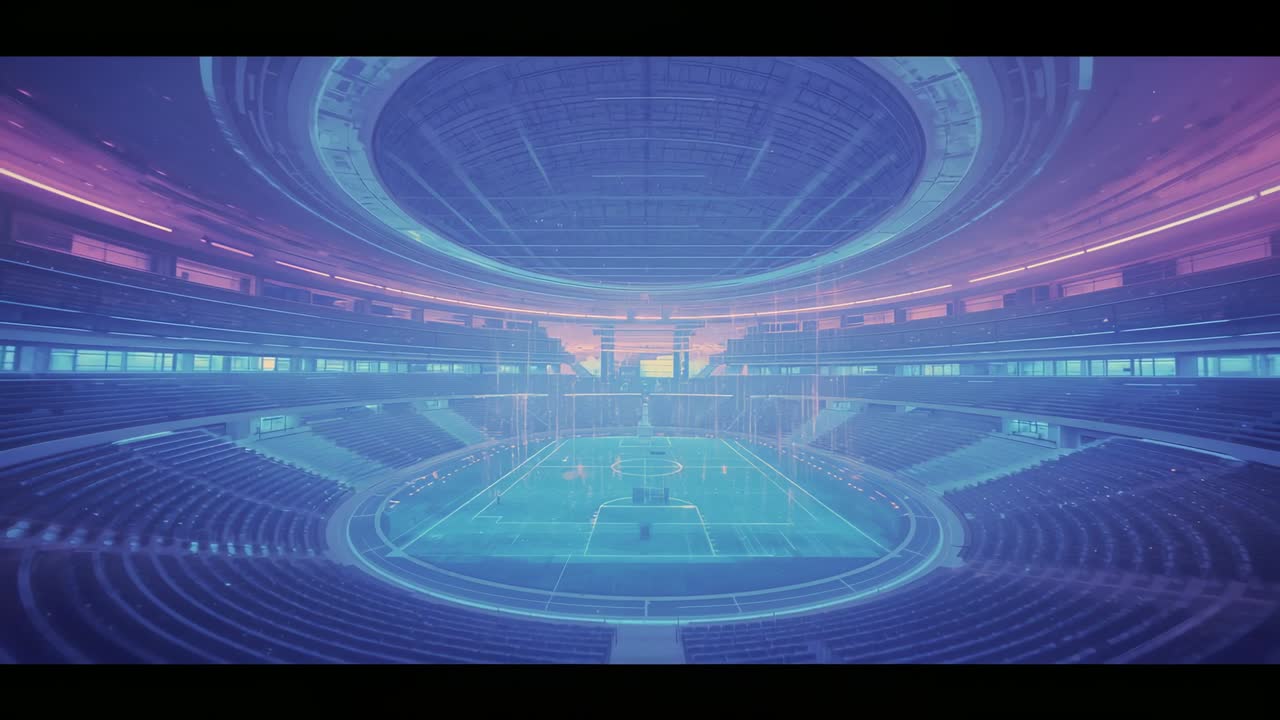 Opening shot showing stadium interior to highlight neon-lit ring and glowing playing field