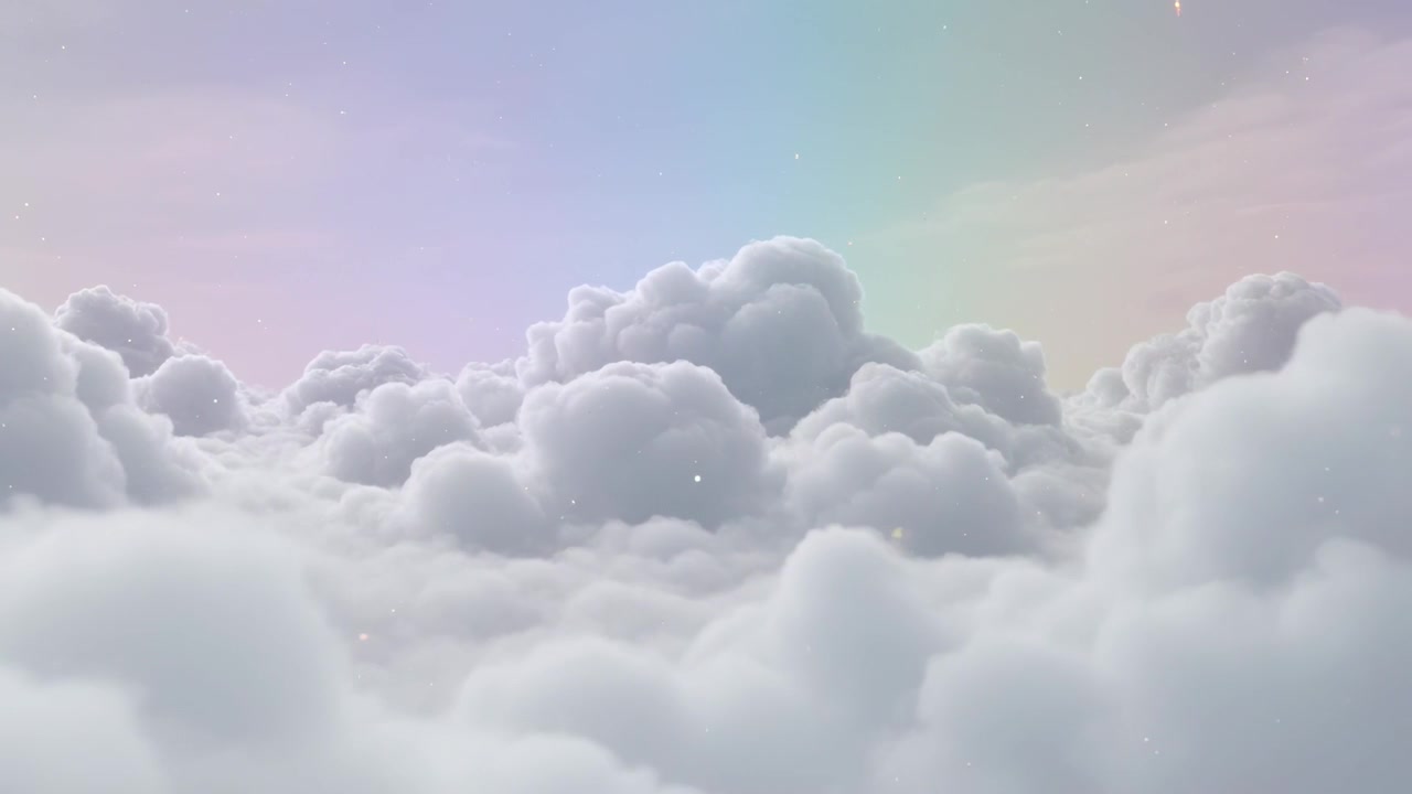 Starting forward motion, camera moving through fluffy cloudbank, showing pastel sky and sparkles