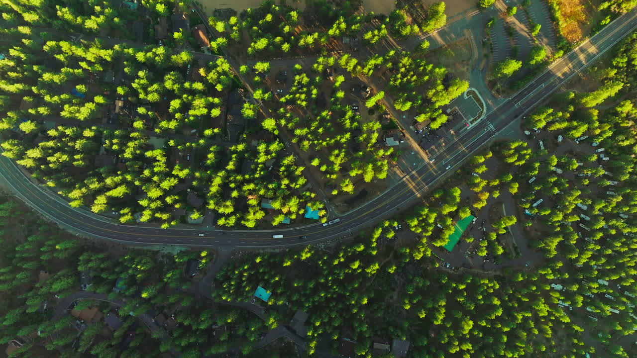 Two-lane motorway through the wooded residential area. Drone footage over the road on sunny daytime. Top view.