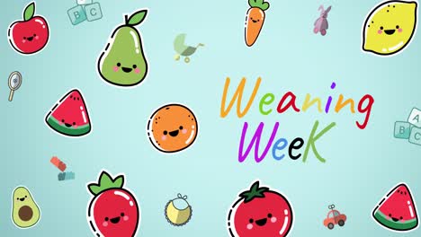 Animation-of-cartoon-fruits-and-vegetables-moving-over-blue-background-and-weaning-week-text