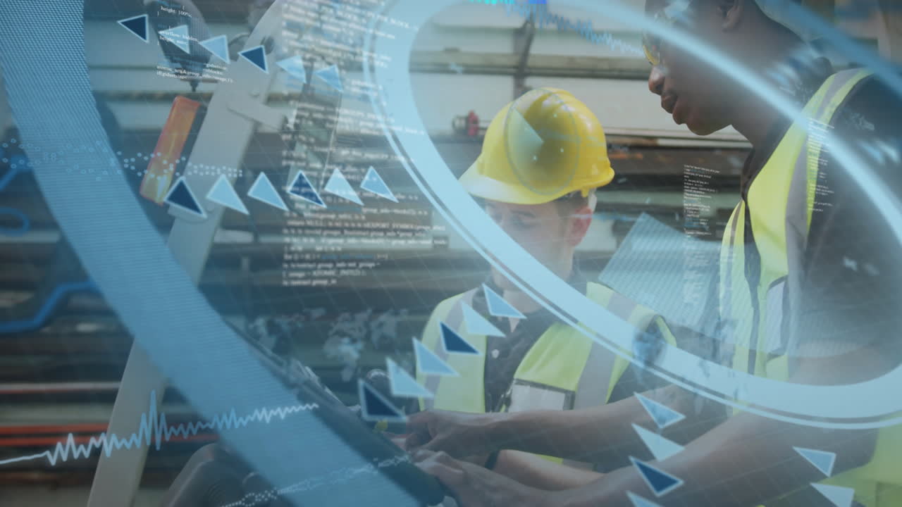 Workers in safety gear operating machinery with digital data overlay animation