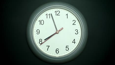 front view,  white wall clock. tell the time in four minutes until eight o'clock.