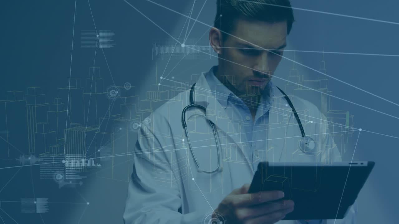 Animación de iconos de puntos conectados, base de datos y gráficos sobre un médico usando una tablet digital