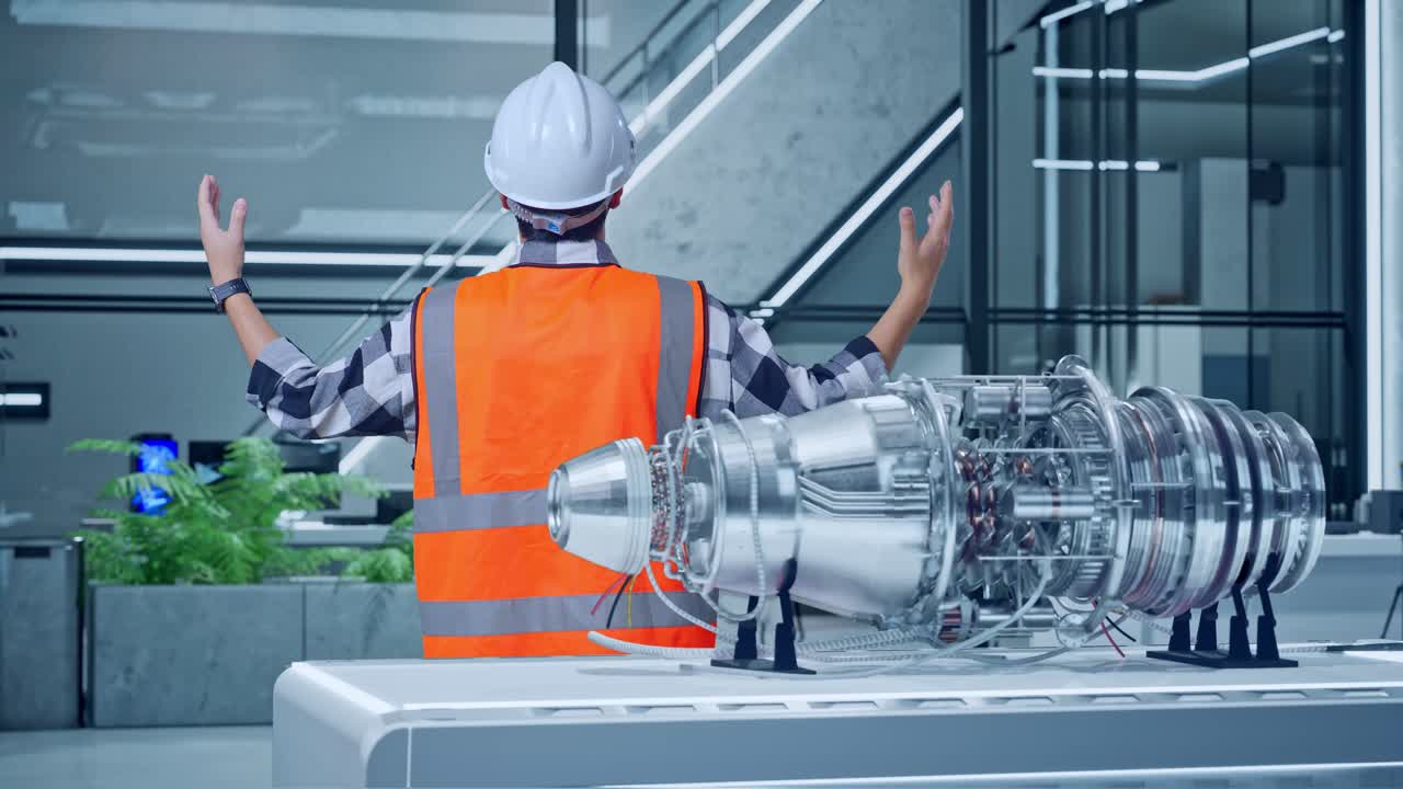 ingegnere che osserva un modello di motore a reazione in un laboratorio moderno