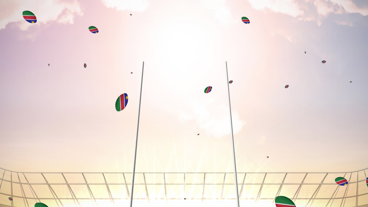 스타디움에서 나미비아의 발이 그려진 럭비 공의 애니메이션