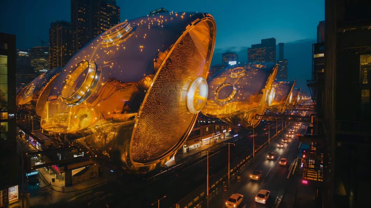 Glowing futuristic transport pods responding to sunset over city avenue at dusk, cars streaming