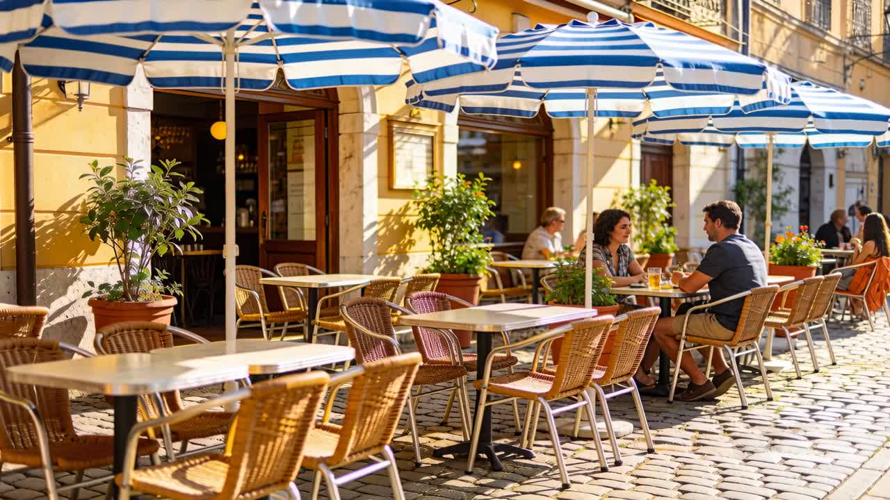 Camera panning, couple in floral top chatting, sipping at cafe under striped umbrellas, copy space