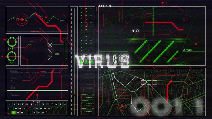 Animation af virustekst over netværk og databehandling på sort baggrund