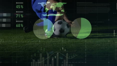 animación del procesamiento de datos financieros sobre un jugador de fútbol caucásico
