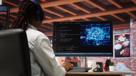 admin doing maintenance on artificial intelligence, listening music