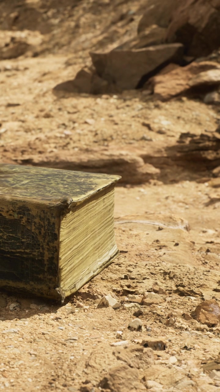 Libro antico poggia su terreno sabbioso sotto il sole splendente.