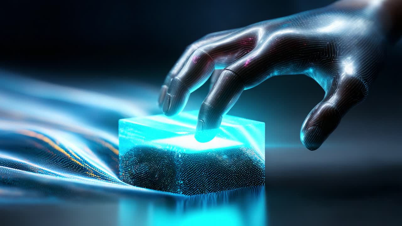 A Futuristic and Ethereal Hand Interacting with a Glowing Cube, Combining Elements of Reality and Digital Illusion in a Mesmerizing Flow of Light and Color, Symbolizing Technology's Integration into Modern Existence