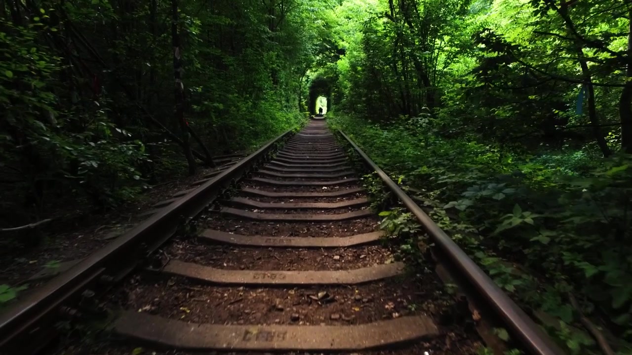 Túnel del Amor en Klevan, Óblast de Rivne en Ucrania, antigua vía férrea industrial arqueada con árboles, perspectiva de caminata