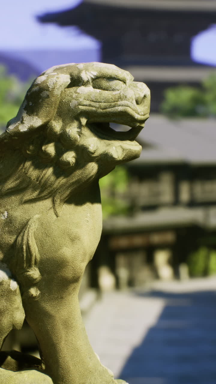 Ancient guardian statue overlooking a serene traditional japanese street