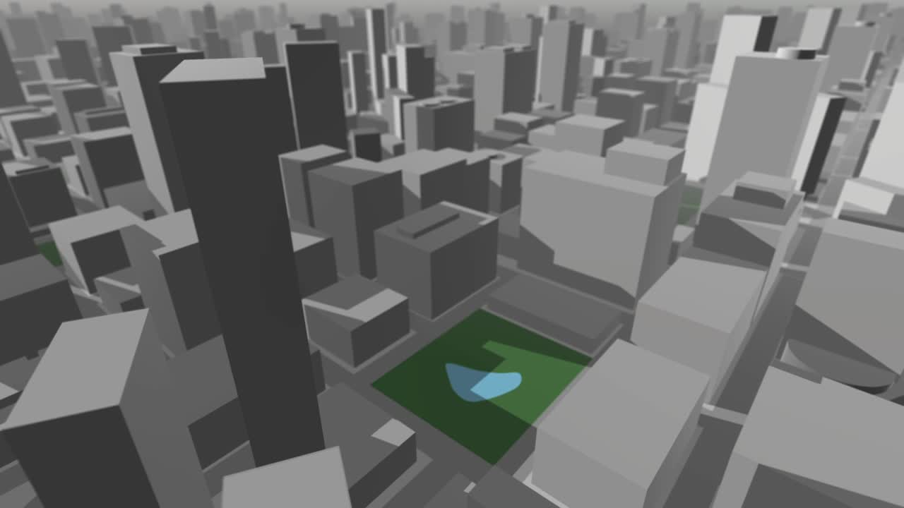 3d 도시 지도가 날아다니며 앞으로 바라보고 있습니다.