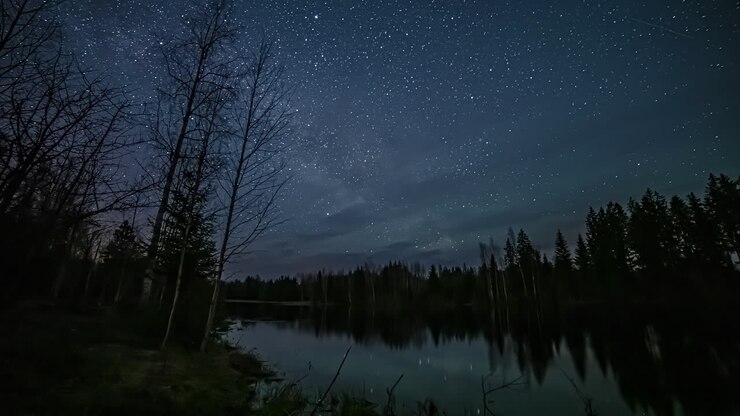 Reflection of moving stars in a lake in the calm nature on a early morning