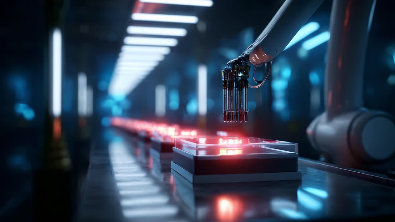 Advanced Robotic Arm Operating in High-Tech Warehouse Environment with Glowing LED Display and Sophisticated Production Line Technology