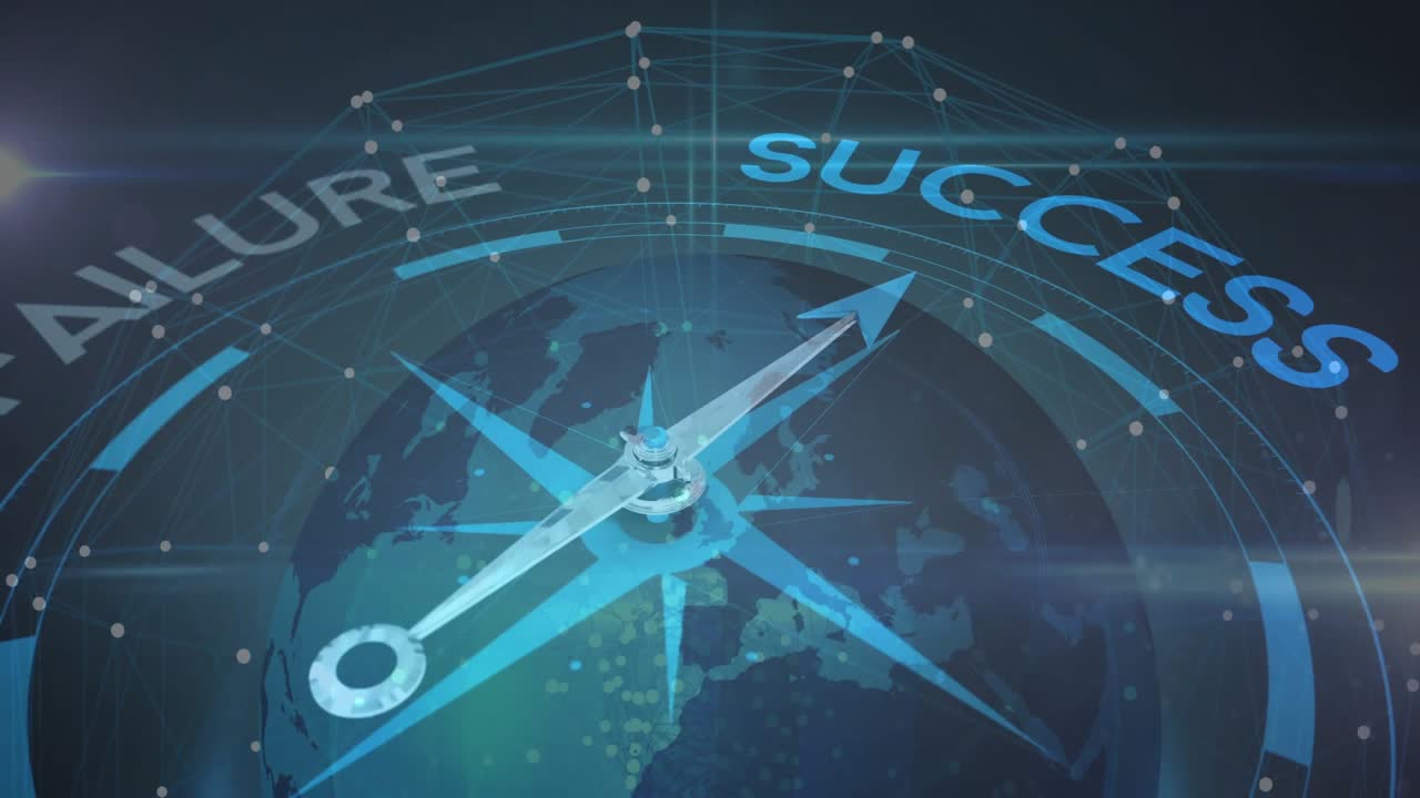 3D metallic compass needle guiding globe rendering, showing network lines and glowing SUCCESS text