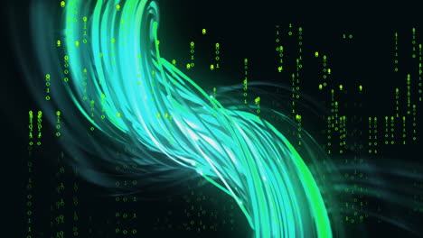 Animation of data processing over light trails on black background