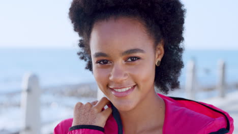 black woman, young and travel with beach and face
