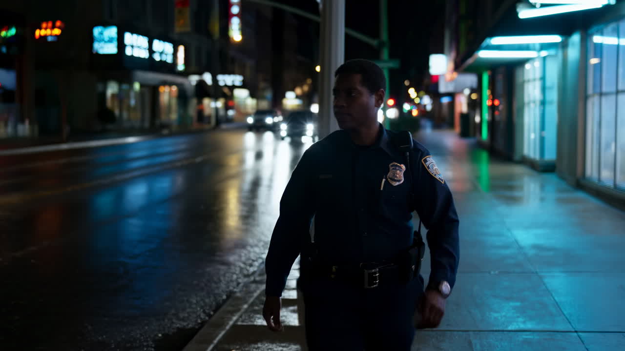 Poliziotto che pattuglia la strada di notte