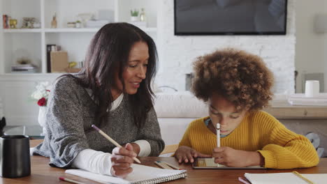 middle aged woman sitting at the dining room table working with her granddaughter, close up