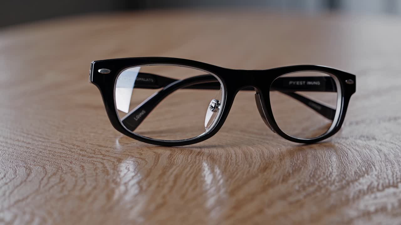 Close-up of black glasses on a wooden table, shot at eye level. The video captures the sleek, modern