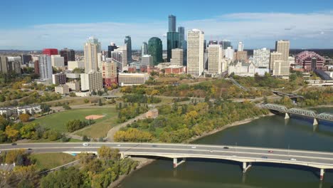 Daytime-aerial-drone-view-of-downtown-Edmonton-and-the-North-Saskatchewan-River-during-autumn-fall-taken-from-Rossdale-area
