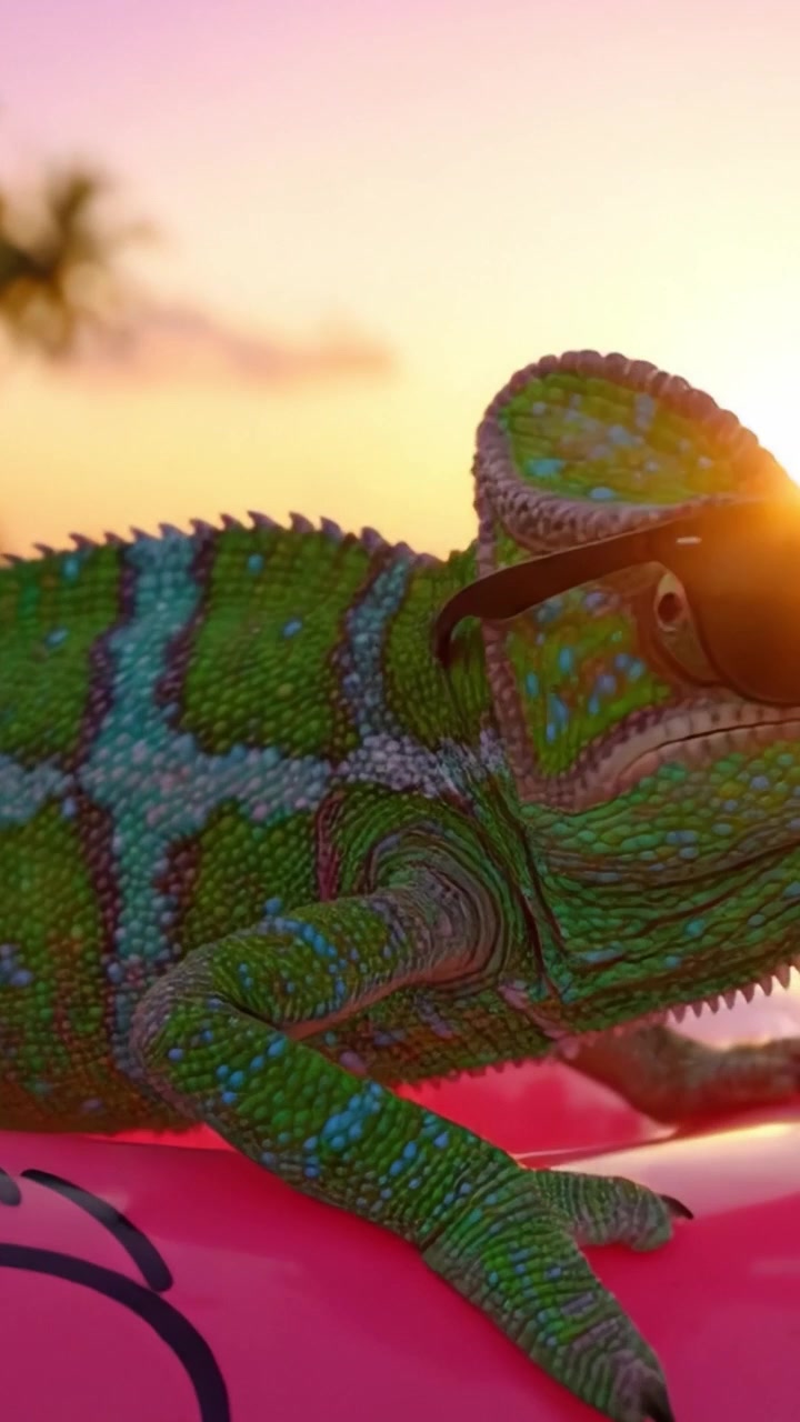 Encantador Camaleón con Gafas de Sol en un Flotador Colorido, con un Atardecer Escénico de Fondo con Vibras Tropicales y Palmeras Meciéndose