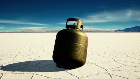 old rusted danger gas container on salt lake