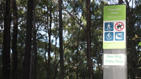 signage for a one way mountain bike and adaptive mountain bike trail. intermediate in difficulty with horses forbidden. located in mt cotton, queensland, australia.