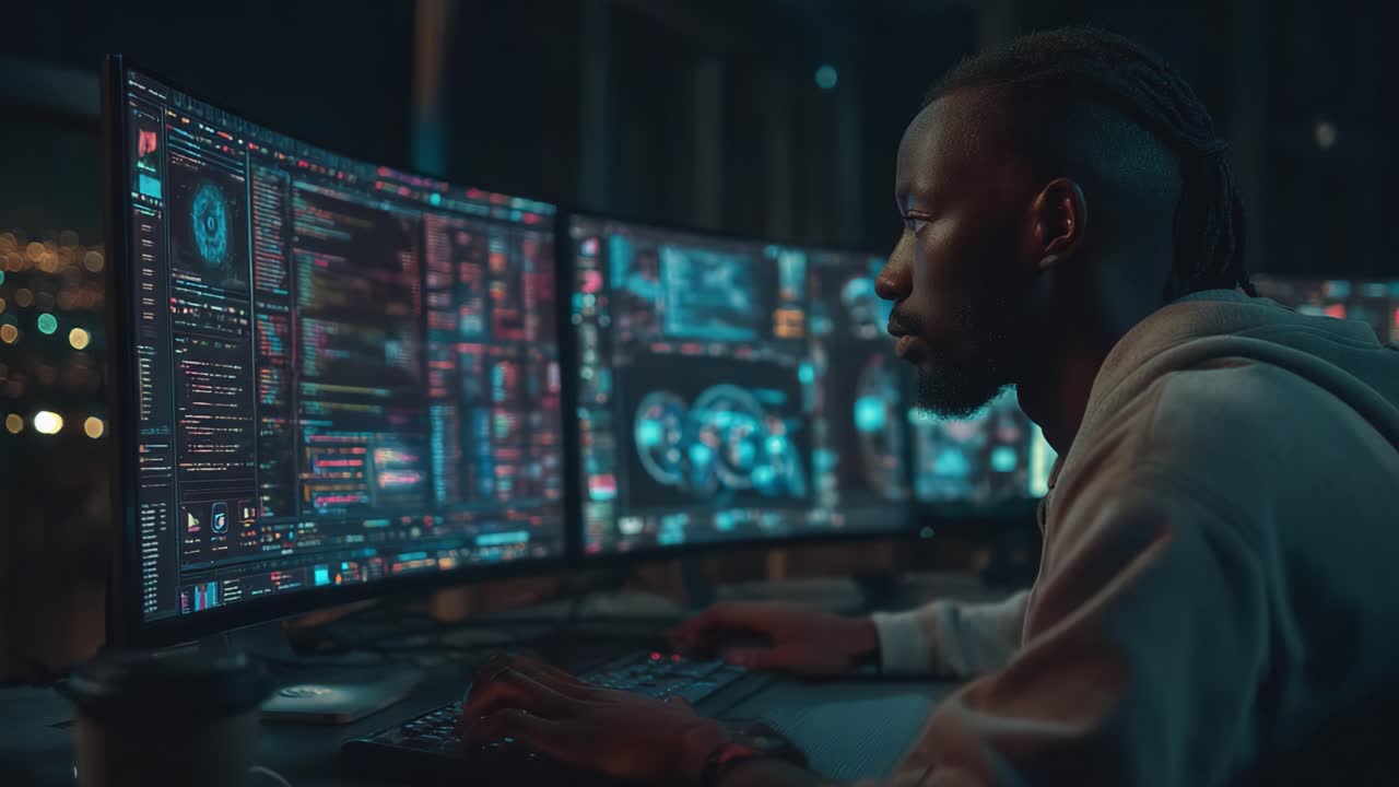 Focused Individual Analyzing Complex Data on Multiple Monitors in a Dark Room, Engaged in High-Tech Work with Digital Graphics and Colorful Visualizations