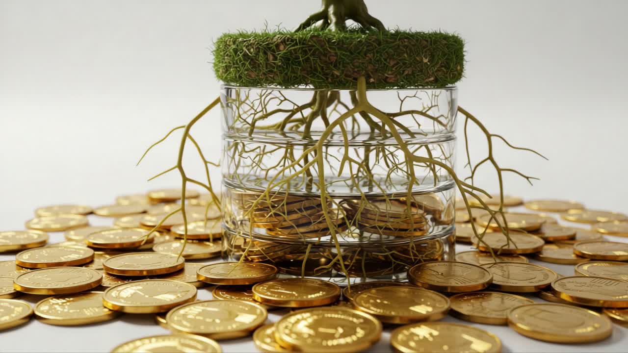 A Glimpse into Prosperity: A Glass Container with Roots and Grass Growing Above Multitudes of Golden Coins