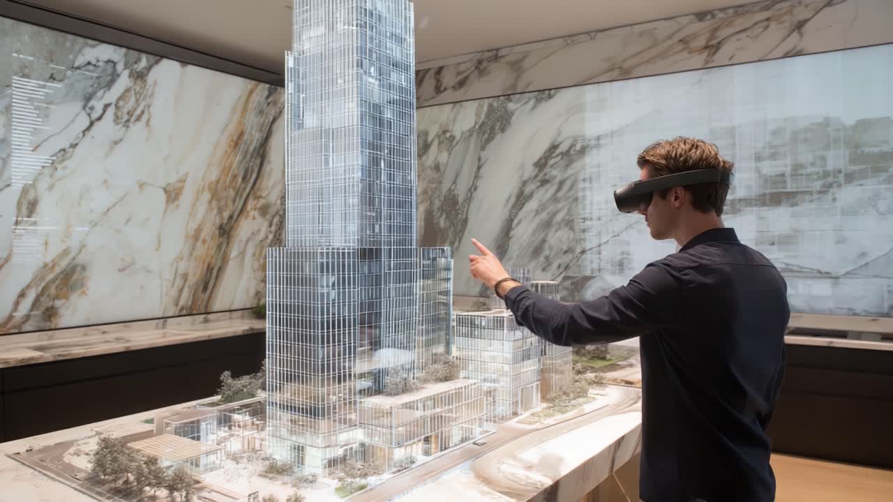 A Futuristic Architectural Presentation Utilizing Virtual Reality: An Individual Engages with a Detailed Scale Model of a Tall Building, Wearing a VR Headset in an Impressive Modern Setting