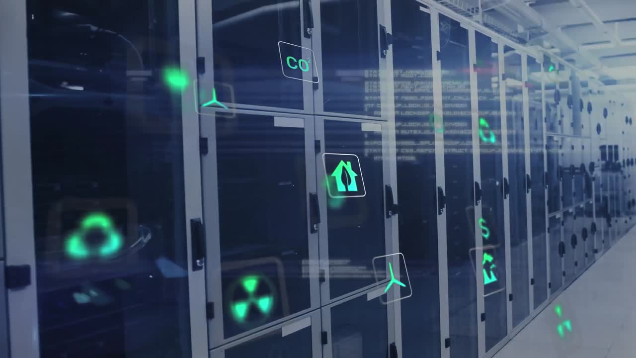 Animation of icons and computer language with lens flares over data server racks in server room