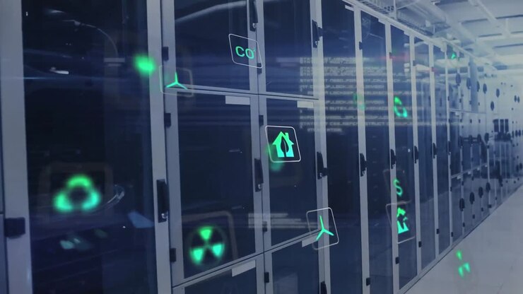 Animation of icons and computer language with lens flares over data server racks in server room