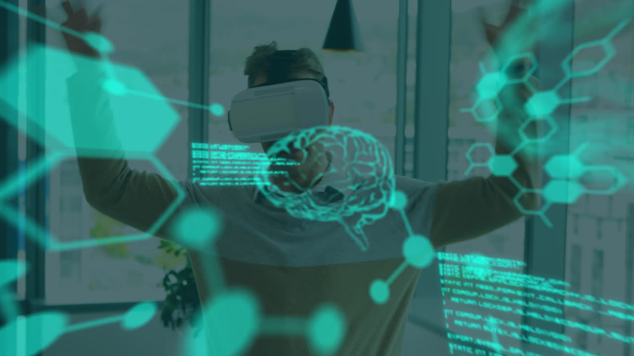 animación de datos científicos sobre el hombre caucásico que usa auriculares vr en la oficina