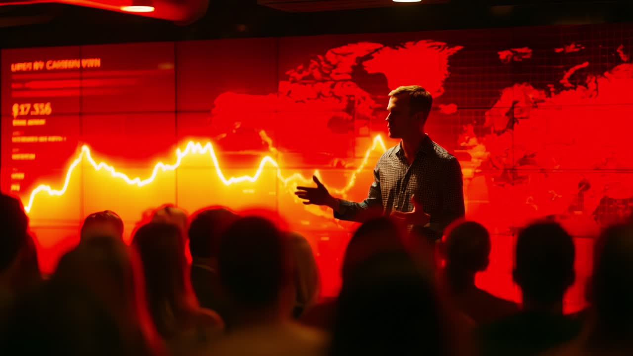 Engaging Presentation on Global Market Trends with Data Visualization: Speaker Illuminates Insights Amidst a Captivating Background of Charts and Graphs in a Dynamic Setting