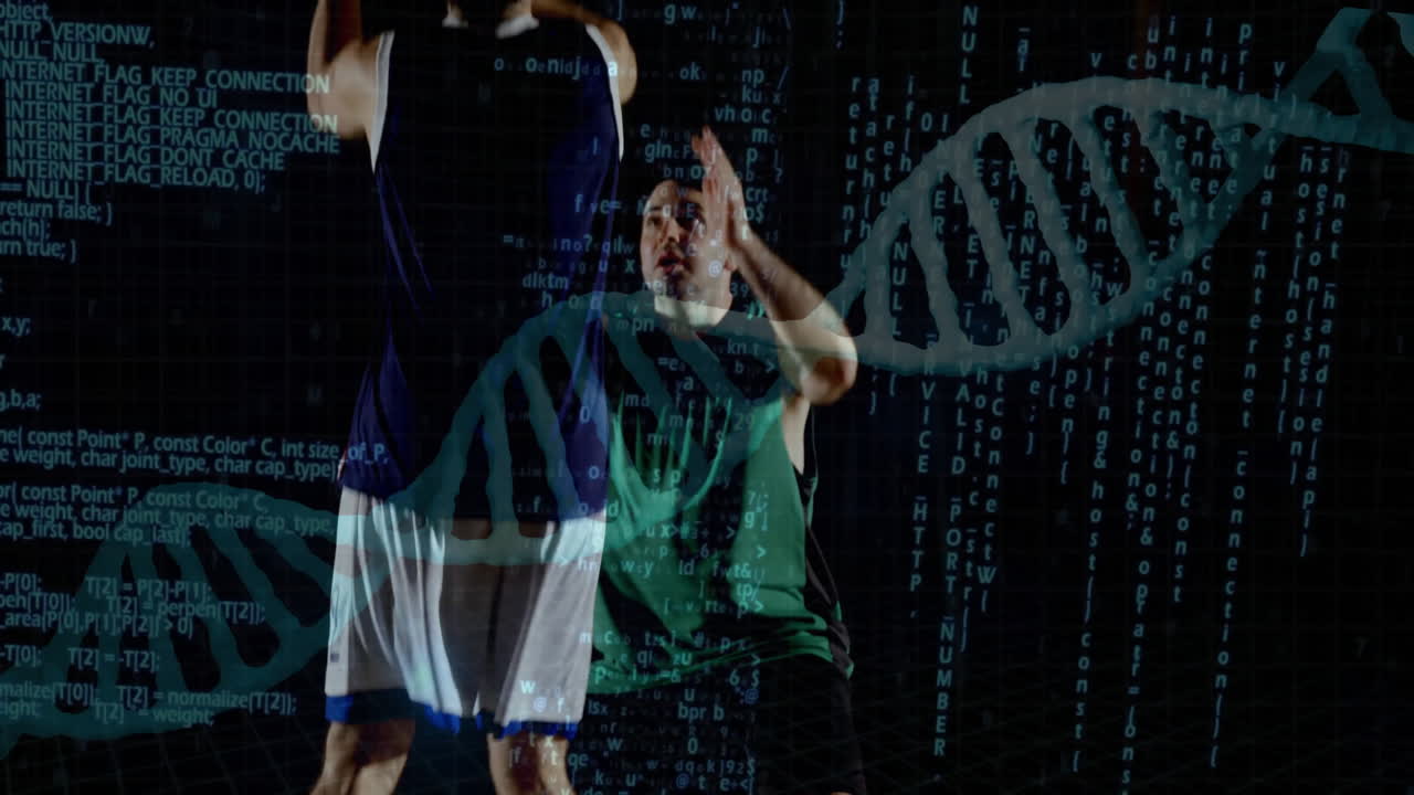 Two teammates sparring in technology training studio, with holographic DNA helix and floating code