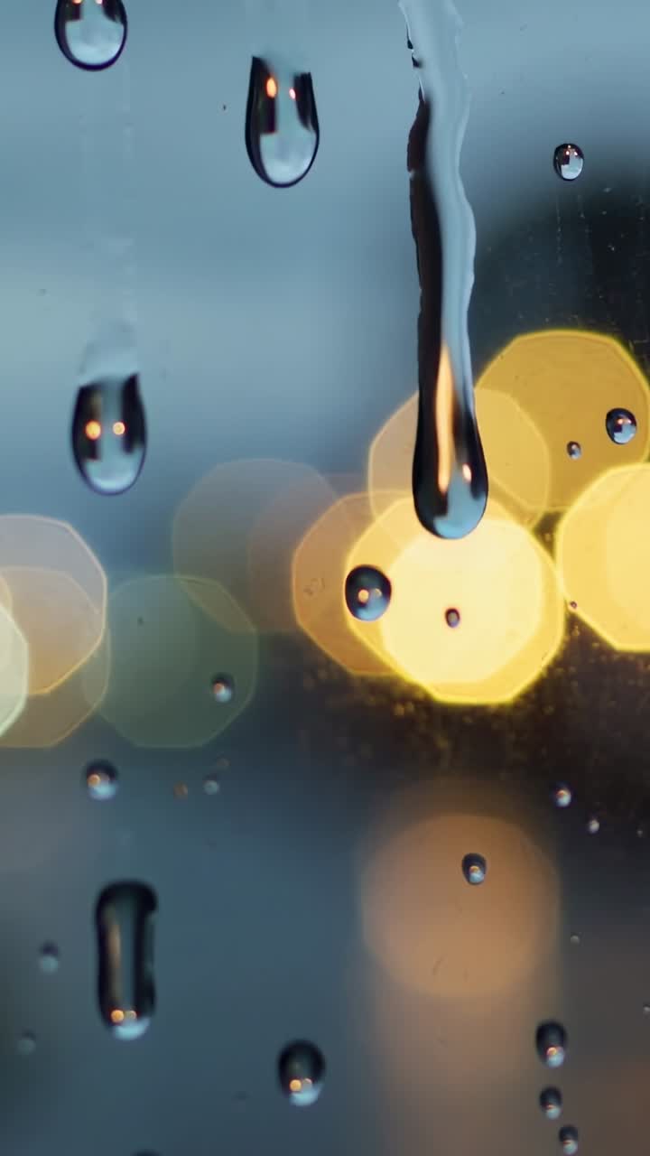 Vertical video: Detaching droplet sliding down wet window at dusk, forming thin streak with bokeh