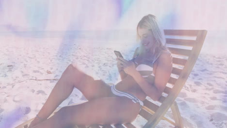 female user reclining on beach chair using smartphone, showing floating technology icons and chart