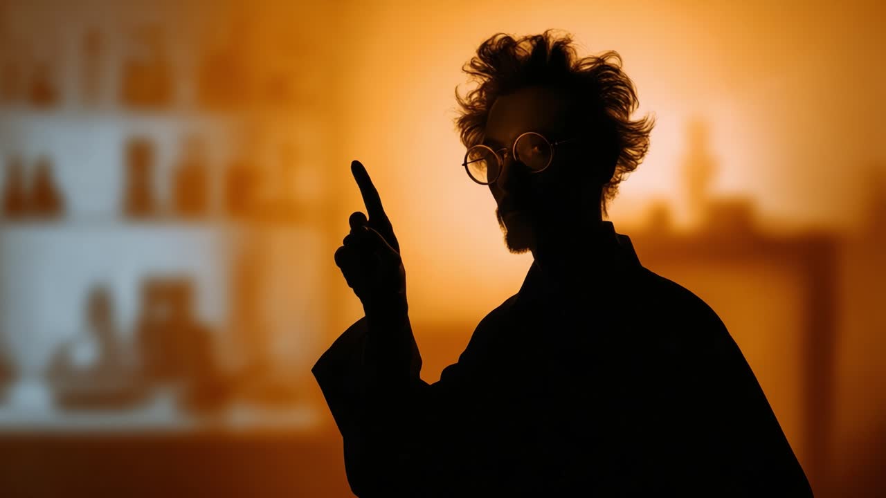 A mysterious figure stands silhouetted against an amber backdrop, pointing enthusiastically, embodying the essence of creativity and scientific curiosity in an engaging moment