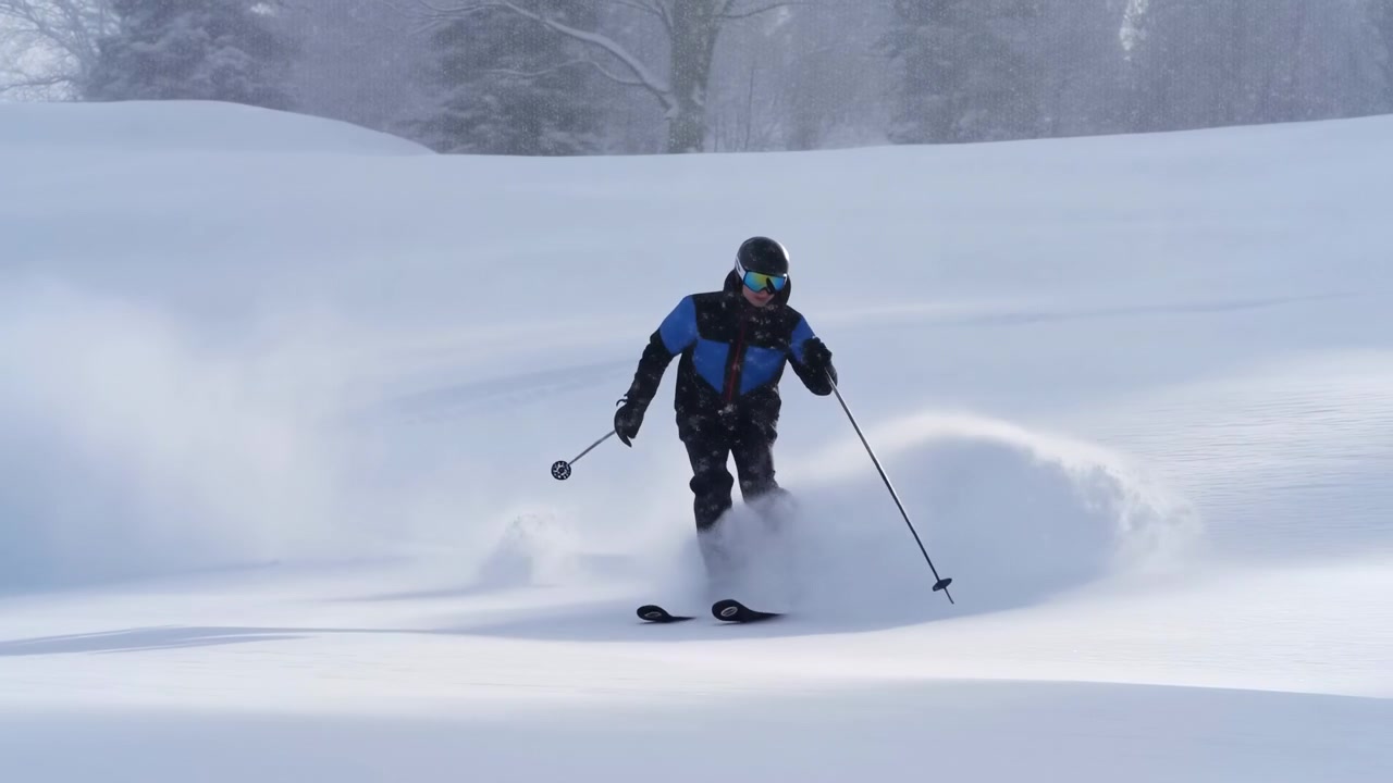 Sciatore con casco scuro, maschera a specchio, giacca blu e nera e pantaloni neri esegue una curva controllata nella neve fresca profonda, sci angolati con bastoncini estesi mentre gli spruzzi di neve formano un arco dietro